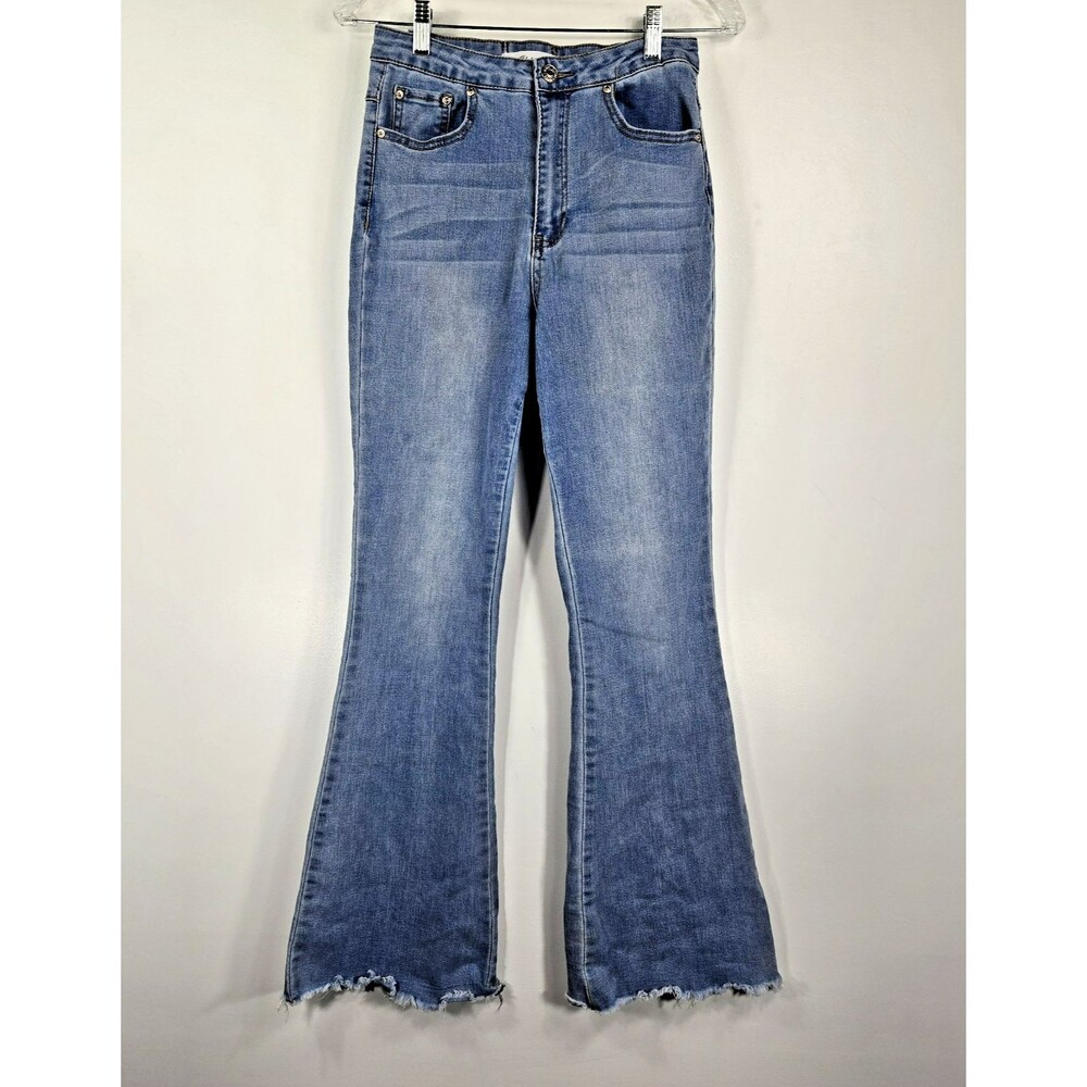 Almost Famous Women's Junior's Size‎ 5 Flare Raw Hem Lace Up Jeans